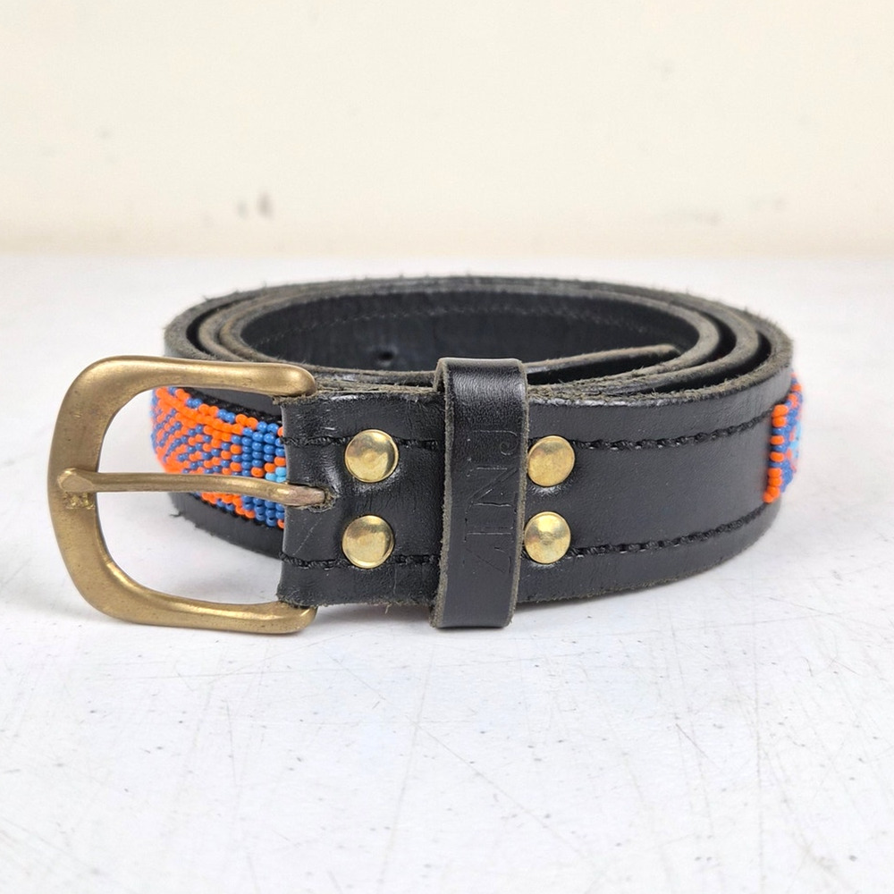 Vintage ZINJ Black Leather Belt Beaded Aztec Pattern Orange Multi 38-43" Waist